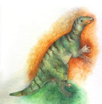 Akvarellimaalaus vihreästä, liskomaisesta esihistoriallisesta olennosta, jossa on tummia raitoja ja joka seisoo pystyasennossa takajaloillaan oranssinvihreällä taustalla.