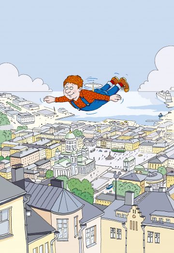 Punatukkainen, sinihousuinen ja oranssipaitainen sarjakuvapoika lentää iloisesti yksityiskohtaisen kaupunkikuvan yläpuolella, jossa on suuri valkoinen kupolikatedraali ja ympäröiviä rakennuksia, ja taustalla on meri ja veneitä.