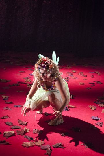 Keijuksi pukeutunut henkilö, jolla on siivet, kukkakruunu ja vaaleanvihreä mekko, kyykistelee punaisella lattialla, jolle on ripoteltu lehtiä dramaattisessa valaistuksessa.
