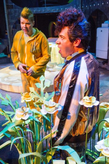 Kaksi värikkäisiin pukuihin pukeutunutta näyttelijää seisoo näyttämöllä suurten, keltaisten tekokukkien keskellä. Toisella on keltainen verryttelypuku, toisella kiiltävä takki ja dramaattinen kampaus, ja molemmilla on yllättyneet tai intensiiviset ilmeet.