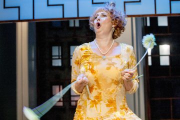 Keltaiseen kukkamekkoon pukeutunut henkilö, jolla on kiharat hiukset ja helmikaulakoru, pitelee tarmokkaasti kahta pörröistä siivousharjaa suu auki kuin laulaisi tai puhuisi intohimoisesti lavalla.