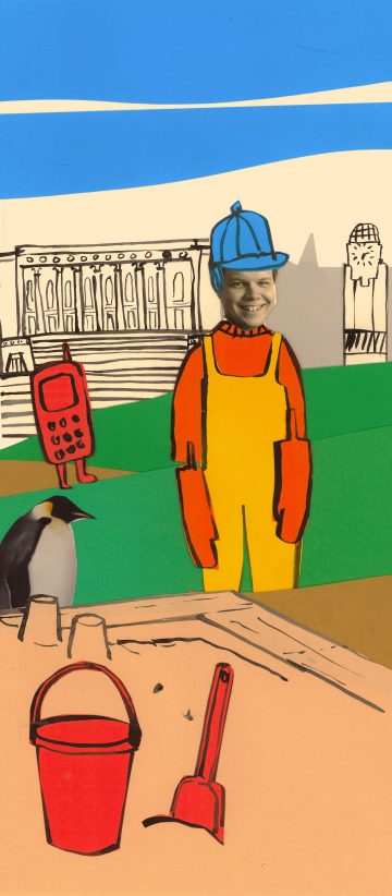 Kollaasi, jossa hymyilevät lapsen kasvot oranssiin haalariin ja siniseen lippikseen pukeutuneessa sarjakuvavartalossa, joka seisoo hiekan, punaisen ämpärin ja lapion vieressä. Taustalla sinisen taivaan alla on pingviini ja luonnosmaisia rakennuksia.