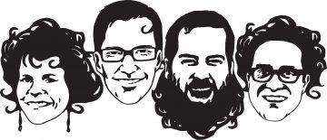 Mustavalkoinen kuvitus neljästä hymyilevästä kasvosta, joilla kaikilla on erilainen kampaus ja silmälasit, ja jotka on esitetty olkapäistä ylöspäin minimalistisella, sarjakuvamaisella tyylillä.