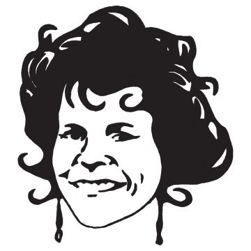 Mustavalkoinen kuvitus hymyilevästä naisesta, jolla on aaltoileva tukka ja kuoppia, piirretty rohkealla, graafisella tyylillä valkoiselle taustalle.