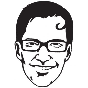 Mustavalkoinen kuvitus hymyilevästä miehestä, jolla on lyhyet hiukset, silmälasit ja selvä kihara otsassa.