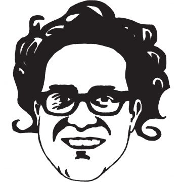 Mustavalkoinen kuva hymyilevästä henkilöstä, jolla on kiharat hiukset, silmälasit ja näkyvät hampaat. Piirroksessa keskitytään kasvoihin, joissa on vain vähän yksityiskohtia.