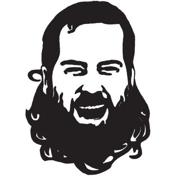 Mustavalkoinen kuvitus miehen kasvoista, joilla on täysi parta ja pitkät hiukset ja jotka hymyilevät suu auki, valkoista taustaa vasten.