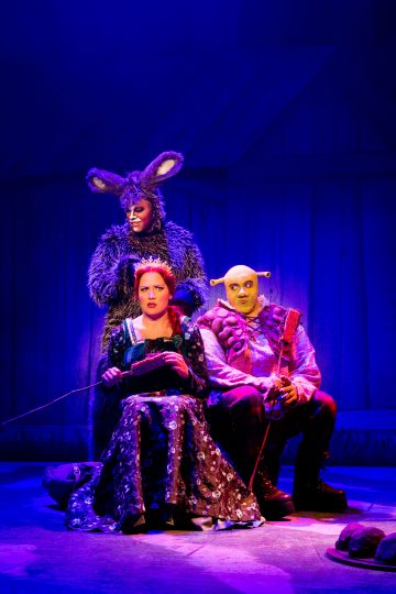 Lavalla esiintyy kolme värikkäisiin pukuihin pukeutunutta näyttelijää: yksi on Aasi karvaisessa puvussa, toinen prinsessa Fiona sinisessä mekossa ja kolmas Shrek vihreässä meikissä ja örkkiasussa dramaattisessa sinisessä ja violetissa valaistuksessa.