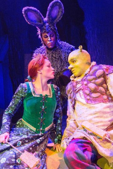 Lavalla esiintyy kolme värikkäisiin pukuihin pukeutunutta näyttelijää: yksi on suurikorvainen aasi, yksi prinsessa vihreässä mekossa ja yksi vihreä jättiläinen, jolla on sarvet ja pehmustettu liivi. Kohtaus on dramaattinen ja teatraalinen.