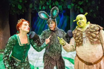 Lavalla esiintyy kolme värikkäisiin pukuihin pukeutunutta näyttelijää; yksi on pukeutunut prinsessa Fionaksi, toinen karvaisten korvien omaavaksi aasiksi ja kolmas Shrekiksi, jolla on vihreä iho ja örkinkorvat, Shrek-musikaalin metsäaiheisessa lavasteessa.