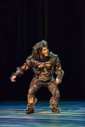 Esiintyjä, jolla on karvainen, raidallinen puku, jonka harja ja kasvojen meikki muistuttavat kissaa, seisoo dramaattisesti lavalla teatterivalaistuksen alla.