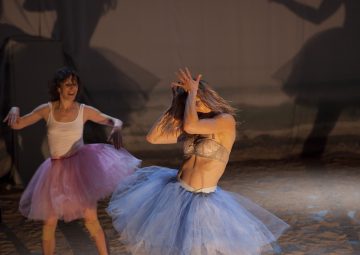 Kaksi tutuihin pukeutunutta tanssijaa, toinen vaaleanpunaisessa ja toinen sinisessä, esiintyy näyttämöllä dramaattisesti ja ilmeikkäin liikkein. Varjot ja pehmeä valaistus lisäävät teatterikohtauksen intensiivisyyttä.