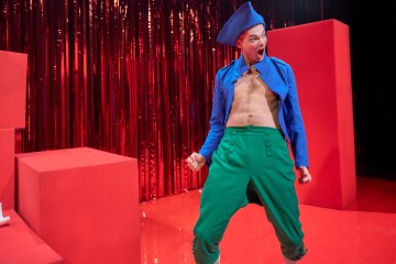 Kirkkaansiniseen hattuun ja takkiin pukeutunut henkilö, jolla on paljas rinta ja vihreät housut, seisoo tarmokkaasti kiiltävällä punaisella näyttämöllä, jonka taustalla on punaisia palikoita ja hohtavia punaisia verhoja.