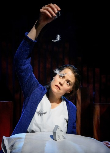 Siniseen neuletakkiin ja valkoiseen paitaan pukeutunut nainen istuu pöydän ääressä ja katselee keskittyneesti höyheniä, jotka leijailevat hänen kädestään tyynylle, sekä pientä talon pienoismallia hänen edessään, ja hänen takanaan on tumma tausta.