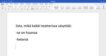 Suomenkielinen Microsoft Word -dokumentti listaa väsyttäviä asioita teatterista: