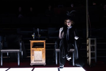 Dramaattisessa näyttämövalaistuksessa istuu tuolilla henkilö, joka on pukeutunut tummaan, muodolliseen pukuun, jossa on höyhenpukuinen hattu, valkoiset hansikkaat ja silmiinpistävä meikki. Pieni pöytä, jossa on kaksi juomaa, ja toinen tuoli ovat lähellä tummaa taustaa vasten.