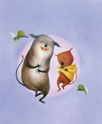 Kaksi iloista, sarjakuvamaista eläintä nauraa yhdessä, ja niitä ympäröi kolme pientä, vihreää, siivekästä olentoa, kaikki pehmeällä violetilla taustalla, jonka takana on vaaleanpunainen ympyrä.