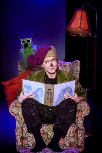 Värikkäisiin, omituisiin vaatteisiin ja suureen hattuun pukeutunut henkilö istuu kukkatuolissa ja lukee kirjaa nimeltä Vihannestutkimus. Heidän takanaan istuu vihreä nukke, ja sivussa loistaa vintage-lamppu.