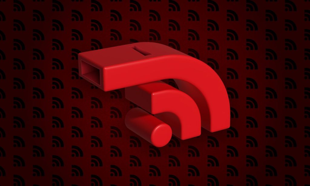 Punainen 3D RSS-syötteen kuvake on keskitetty tummalle taustalle, jossa on pienempiä mustia RSS-symboleita.