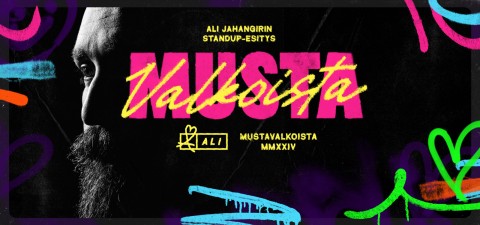 Värikäs mainosjuliste Ali Jahangirin stand up -show'lle Mustavalkoista. Vasemmalla puolella on puolet miehen kasvoista varjossa; rohkean vaaleanpunaisen, keltaisen ja valkoisen tekstin päällä on neonvärisiä graffitityylisiä piirroksia.