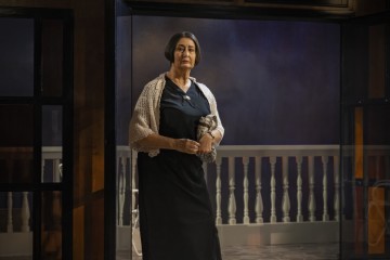 Lyhyet tummat hiukset omaava nainen, jolla on musta mekko ja vaalea huivi, seisoo sisätiloissa lasiovien edessä, ja hänen takanaan näkyy parveke ja kaide. Hänellä on kädessään pieni liina ja hän katsoo rauhallinen ilme kasvoillaan eteenpäin.