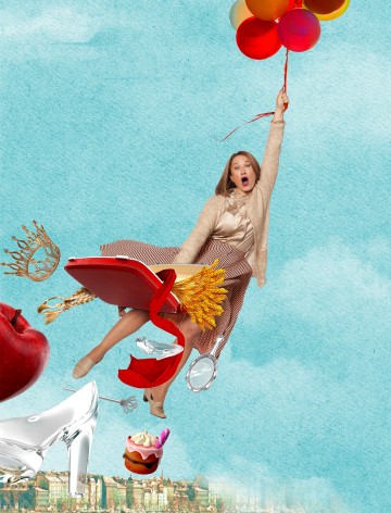 Beigeen asuun pukeutunut nainen leijuu taivaalla, kädessään värikkäitä ilmapalloja. Häntä ympäröivät oudot esineet, kuten punainen kirja, korkokengät, kuppikakku, kruunu, omena ja avain, ja hänen alapuolellaan on kaupunkikuva.