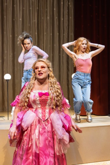 Kirkkaan vaaleanpunaiseen prinsessamekkoon ja aurinkolaseihin pukeutunut henkilö seisoo edessä, kun taas kaksi muuta vaaleanpunaiseen toppiin ja farkkuihin pukeutunutta henkilöä poseeraa dramaattisesti hänen takanaan lavalla, jonka taustalla on kultainen verho.