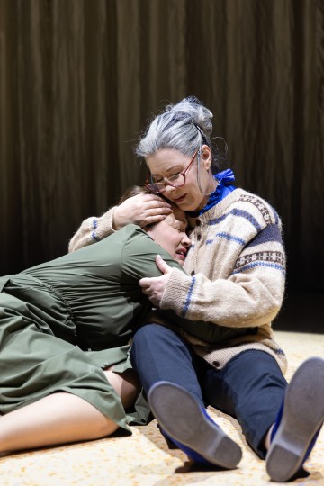 Vihreään mekkoon pukeutunut nainen itkee päänsä harmaahiuksisen ja silmälasipäisen vanhemman naisen sylissä, joka lohduttaa häntä lattialla istuen. Vanhemmalla naisella on yllään kotoisa villapaita ja hän katsoo lempeästi alaspäin.