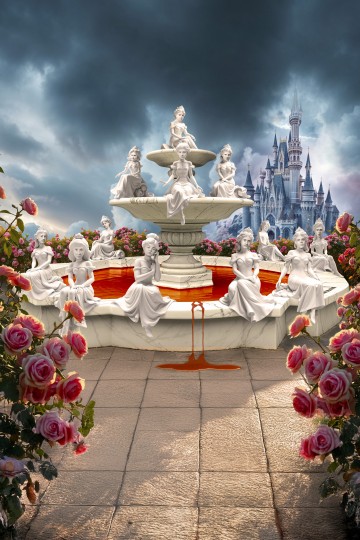 Valkoisista, prinsessan näköisistä patsaista koostuva suihkulähde istuu ruusutarhassa, ja punainen neste valuu jalkakäytävälle. Taustalla seisoo satulinna dramaattisen pilvisen taivaan alla.