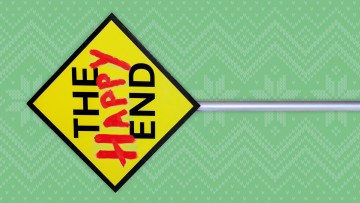 Keltaisessa timantinmuotoisessa kyltissä lukee THE END ja tekstin päälle on maalattu punaisella HAPPY. Kyltti on kallistettu vihreää kuviota vasten.