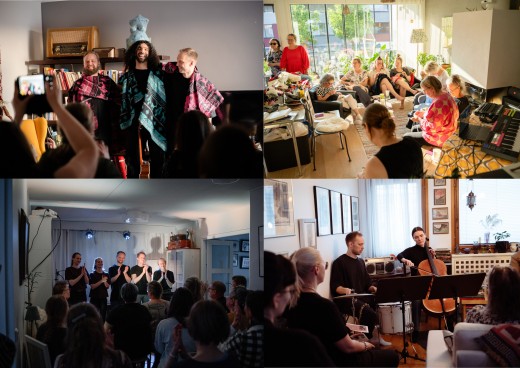 Neljän valokuvan kollaasi, joka esittää pieniä musiikki- ja performanssikokoontumisia viihtyisissä olohuoneissa, joissa esiintyjät ovat tilapäislavoilla ja tarkkaavainen yleisö istuu lähekkäin lämpimissä, kodikkaissa ympäristöissä.