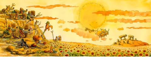 Joukko pieniä, kypäräpäisiä olentoja rakentaa kalliolinnoitusta kukkulalle, kun taas toiset lentävät ohi lentävällä laitteella auringonkukkapellon yllä suuren, kirkkaan keltaisen auringon ja oranssien pilvien alla. Kaukana seisoo kivirakenteita.