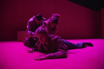 Kolme ihmistä on hämärässä, vaaleanpunaisen sävyisessä huoneessa. Yksi henkilö makaa lattialla eteenpäin kurottelemassa, ja kaksi muuta kyyristelee heidän yläpuolellaan ja takanaan ja näyttävät tukevan heitä tai olevan vuorovaikutuksessa heidän kanssaan.