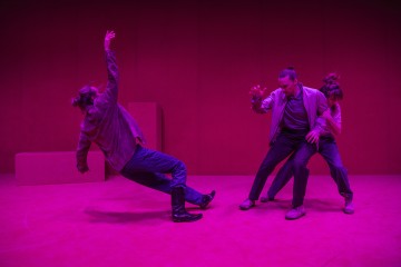 Kolme ihmistä esittää ilmaisuvoimaista modernia tanssia vaaleanpunaisessa valossa kylpevällä näyttämöllä, ja yksi heistä nojaa dramaattisesti taaksepäin, kun kaksi muuta ovat tiiviissä vuorovaikutuksessa keskenään. Taustalla on minimalistisia palikoita.