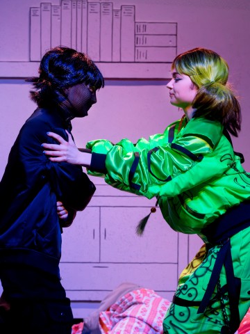 Lavalla esiintyy kaksi värikkäisiin pukuihin pukeutunutta ihmistä, joista toisella on kirkkaanvihreä puku, jossa on letit, ja toinen on pukeutunut mustaan, jossa on verkkonaamio. Taustalla on sarjakuvatyylisiä piirroksia kirjahyllyistä ja kaapeista.