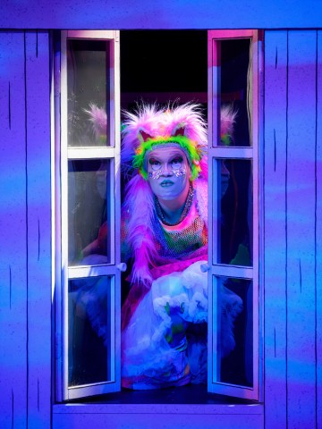 Värikkääseen, kirkkaaseen pukuun ja hienostuneeseen meikkiin pukeutunut henkilö, jolla on karvaiset korvat ja höyhenpeitteiset lisävarusteet, nojaa ulos ikkunasta, jota kehystää elävä violetti ja sininen valaistus, ja pitää kädessään valkoista pörröistä rekvisiittaa.