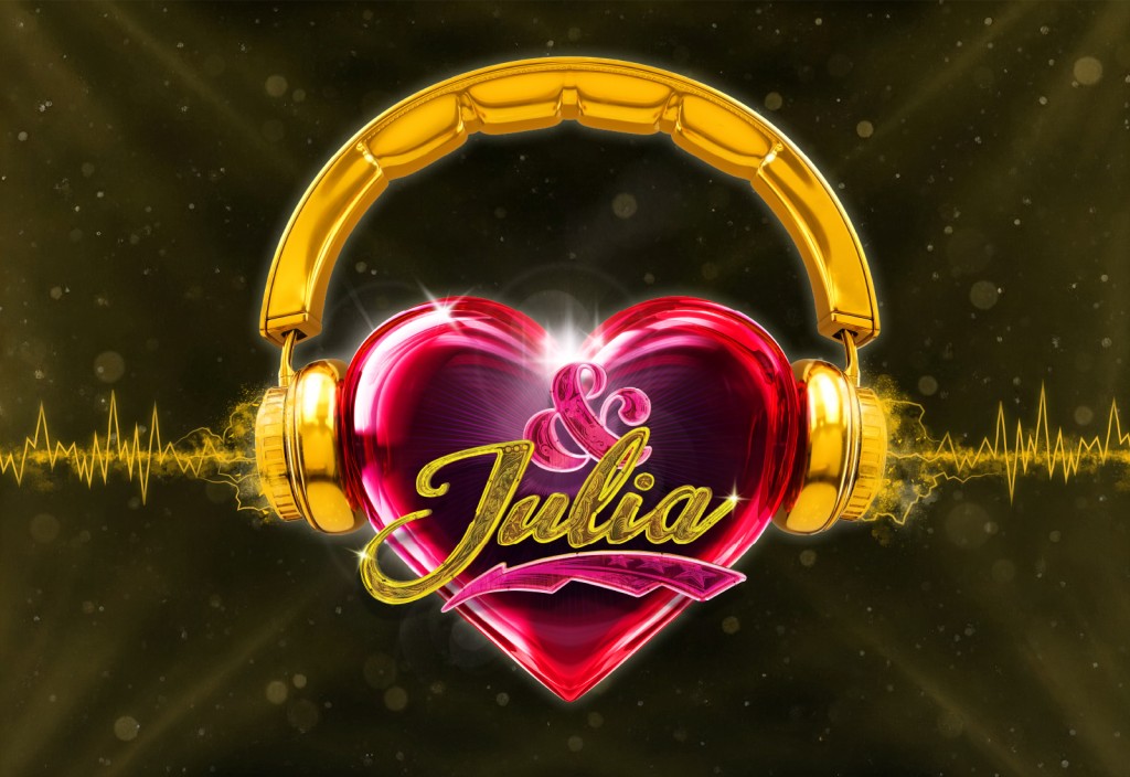 Kiiltävä punainen sydän, jolla on kultaiset kuulokkeet ja jossa lukee "& Julia", tummalla taustalla keltaiset ääniaallot.