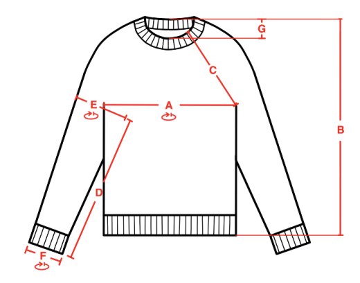 Viivapiirros villapaidasta, jossa on punaiset mittausviivat merkinnöin A-G, jotka ilmaisevat rinnan leveyden, vartalon pituuden, hihan pituuden, olkapään leveyden, kädentien, hihansuun leveyden ja kauluksen syvyyden.