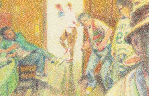 Värikäs, epätarkka piirros neljästä ihmisestä sisätiloissa. Yksi henkilö istuu pöydän ääressä vasemmalla, kaksi seisoo keskellä ja toinen seisoo oikealla; asetelma vaikuttaa eloisalta ja rennolta, ja siinä on ilmeikkäitä asentoja ja pehmeitä ääriviivoja.