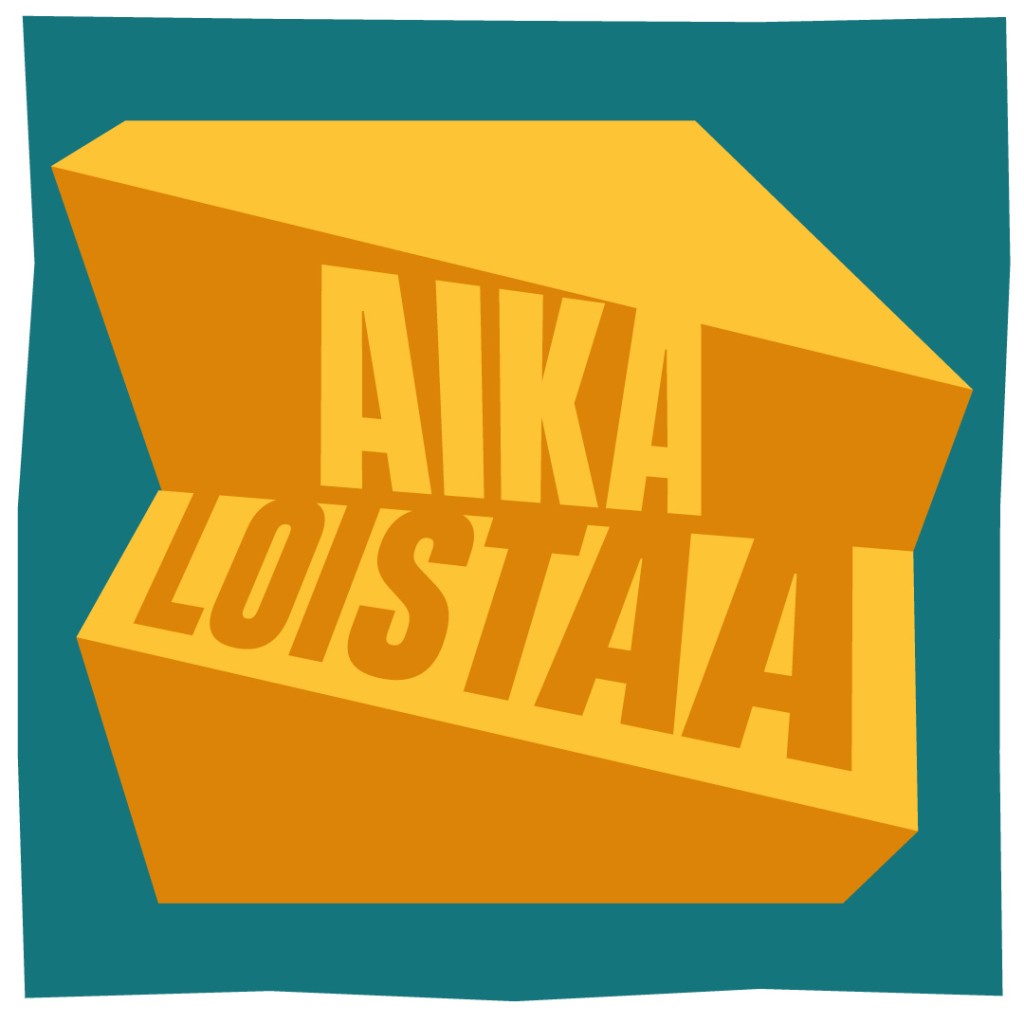 Tyylitelty keltainen ja oranssi 3D-lohko, jossa on suomenkieliset sanat AIKA LOISTAA lihavoituina isoilla kirjaimilla teeriä taustaa vasten.
