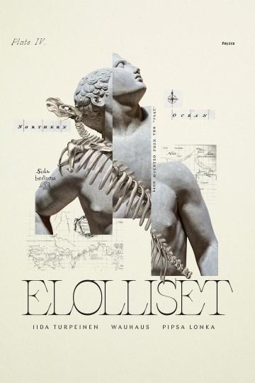 Kollaasi, jossa on klassinen patsas, jossa on anatomisia ja luurankopintoja, arkkitehtonisia luonnoksia ja koristeellinen teksti 