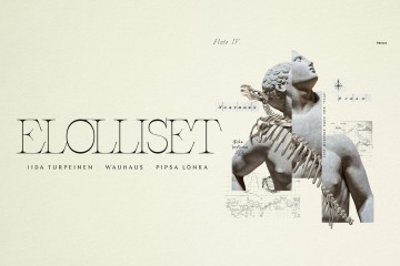 Kollaasi, jossa on klassinen patsas, jonka päälle on asetettu selkärangan kuvitus, jota ympäröivät heikot kartat ja kaaviot. Isossa tekstissä lukee ELOLLISET ja sen alla on pienempi teksti: Iida Turpeinen Wauhaus Pipsa Lonka.